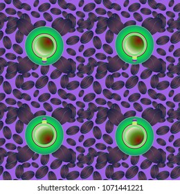 Coffee bean and cup seamless pattern background. Coffees seeds texture.