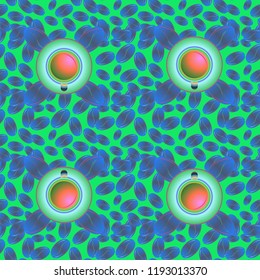 Coffee bean and cup seamless pattern background. Coffees seeds texture.