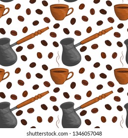 Coffee bean, cup of coffee, seamless pattern. Vector background for the holidays. Modern design for paper, wallpaper, covers, fabrics, interiors, etc.