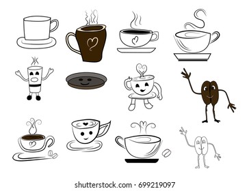 coffee bean, coffee cups and tea cups vector clip art