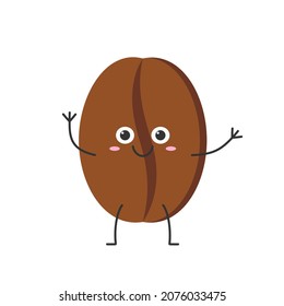 Coffee bean cute character cartoon hand greeting smiling face happy joy emotions dark brown sign coffee drink vector illustration.
