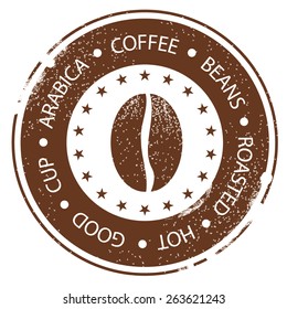 Coffee Bean Design. Vintage Menu Stamp. Hot, Roasted, Good, Cup Distressed Round Label