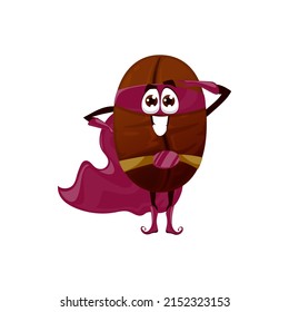 Coffee bean emoji emoticon superhero in belt, face mask and cape isolated americano drink ingredient cartoon kids character. Vector coffee cherry berry, comic superfood hero, espresso bean mascot