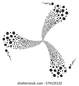 Coffee Bean fireworks swirl rotation. Vector illustration style is flat black iconic symbols on a white background. Object twirl made from random design elements.