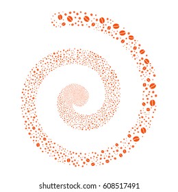 Coffee Bean fireworks vortex spiral. Vector illustration style is flat orange scattered symbols. Object swirl created from scattered pictographs.