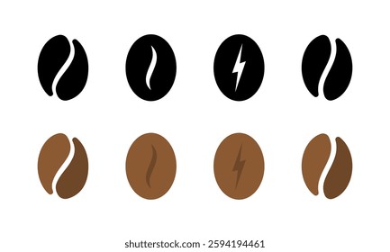 Coffee bean flat icons set with symbols of energy and aroma - vector design.