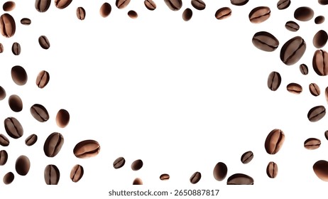 Moldura de feijão de café Grãos de café torrados aromáticos dispostos como uma borda em um fundo branco, criando espaço de cópia Transmite a rica frescura de aroma e apelo clássico do café
