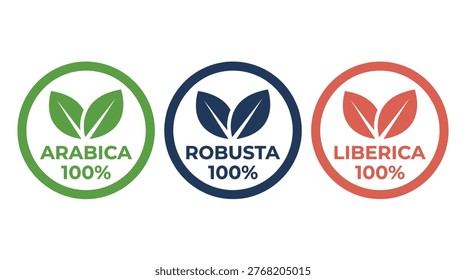 Coffee bean grade label collection in a flat minimalist style, featuring arabica, robusta, liberica, leaf, and purity