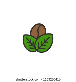 coffee bean with green leaves icon. Coffee tamplate for logo. Organic symbol. Flat vector illustration isolated on white background.