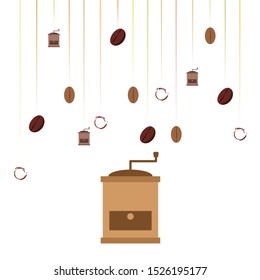 Coffee bean, coffee grinder. Design elements for a cafe. Vector background.