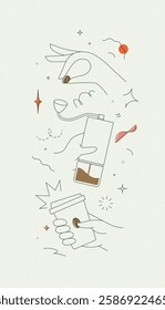 Coffee bean and grinder take away cup symbols drawing in modern linear art style on light background