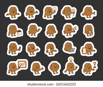 Coffee bean guide character set showing various emotions, holding signs, pointing, teaching, thinking and explaining ideas for yours illustration and creative designs projects