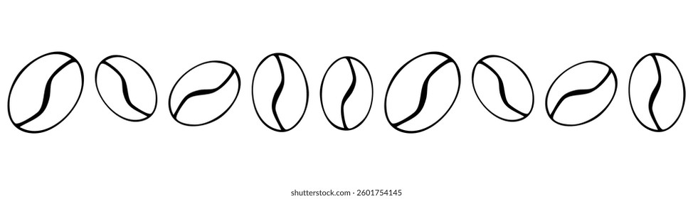 Coffee bean hand drawn border, simple sketch divider. Line decoration.Coffee sign, roasted. Decorative element for cafe and restaurant menu. Vector illustration