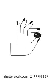 Coffee bean. A hand holds a coffee bean. Coffee. Postcard. Hand drawing, black and white vector illustration. Print. Poster.
