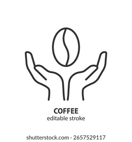 Coffee bean in hands line icon. Editable stroke. Vector illustration.