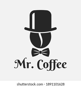 Judía de café con el logo de ese sombrero. Mister Coffee sobre fondo blanco