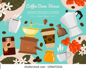 Coffee bean house banner vector illustration. Morning coffee. Organic coffee. Always fresh and natural. Barista equipment such as espresso machine beans pot. Plants.