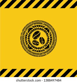 coffee bean icon black grunge emblem inside yellow warning sign. Vector Illustration. Detailed.