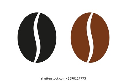 Coffee bean icon. Coffe grain seed for cafe. Black and brown icon isolated on white background. Simple graphic pattern. Flat symbol espresso, cappuccino. Abstract element drink. Vector illustration
