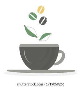 Coffee Bean Icon.
Elegant cup of coffee with coffee beans and leaves.