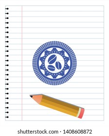 coffee bean icon emblem drawn with pen. Blue ink. Vector Illustration. Detailed.