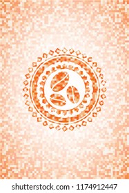 coffee bean icon inside abstract emblem, orange mosaic background