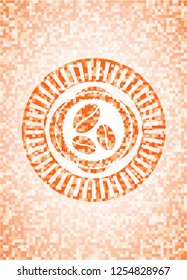 coffee bean icon inside abstract emblem, orange mosaic background