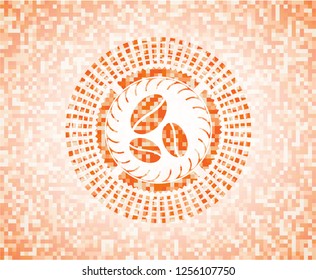 coffee bean icon inside abstract orange mosaic emblem