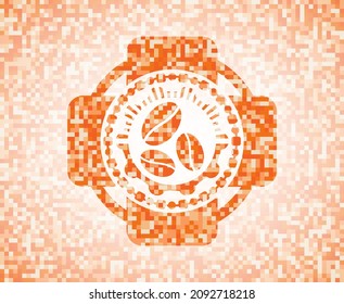 coffee bean icon inside abstract emblem, orange mosaic background. 