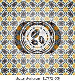 coffee bean icon inside arabic style emblem. Arabesque decoration.