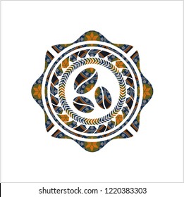 coffee bean icon inside arabic badge background. Arabesque decoration.