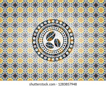 coffee bean icon inside arabic badge background. Arabesque decoration.