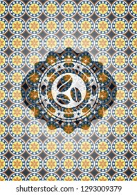 coffee bean icon inside arabic style badge. Arabesque decoration.