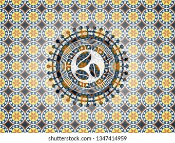 coffee bean icon inside arabic emblem background. Arabesque decoration.