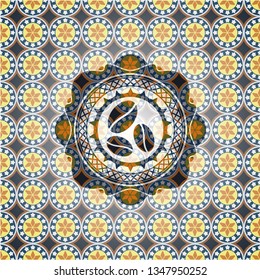 coffee bean icon inside arabic badge background. Arabesque decoration.