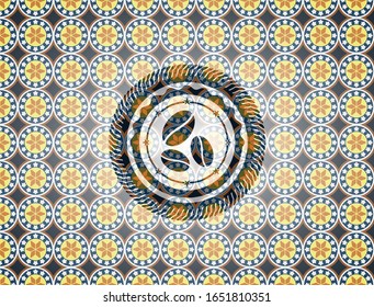 coffee bean icon inside arabic badge background. Arabesque decoration.