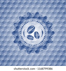 coffee bean icon inside blue badge with geometric background.