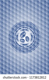 coffee bean icon inside blue hexagon badge.