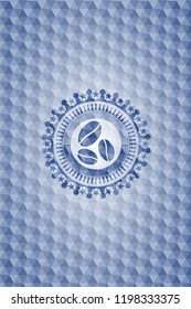 coffee bean icon inside blue badge with geometric pattern.