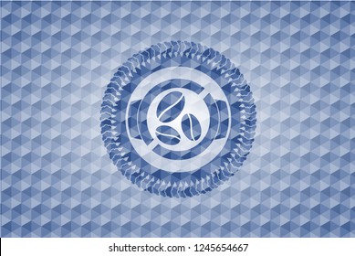 coffee bean icon inside blue emblem with geometric pattern background.