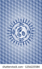 coffee bean icon inside blue emblem with geometric pattern background.