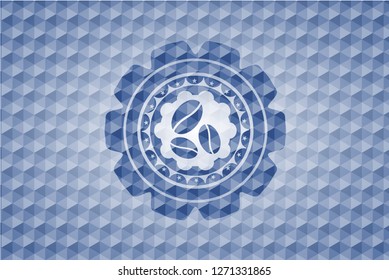 coffee bean icon inside blue emblem with geometric pattern.