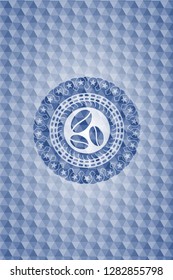 coffee bean icon inside blue emblem with geometric background.