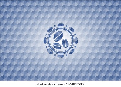 coffee bean icon inside blue hexagon badge.