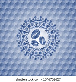 coffee bean icon inside blue polygonal badge.