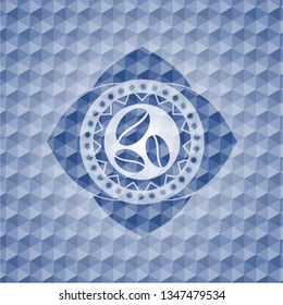 coffee bean icon inside blue hexagon emblem.