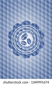 coffee bean icon inside blue emblem or badge with abstract geometric polygonal pattern background.