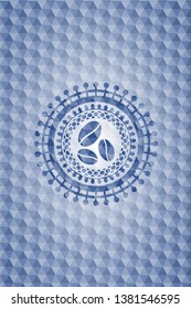 coffee bean icon inside blue badge with geometric pattern background.