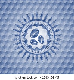 coffee bean icon inside blue emblem or badge with abstract geometric pattern background.