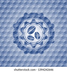 coffee bean icon inside blue polygonal emblem.